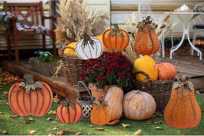 Metal Pumpkin Stakes Yard Signs Fall Decor Decorative Garden Stake Lawn Pumpkins Ornaments Outdoor Autumn Decoration for Harvest Halloween Thanksgiving (17.5" H White+Orange)