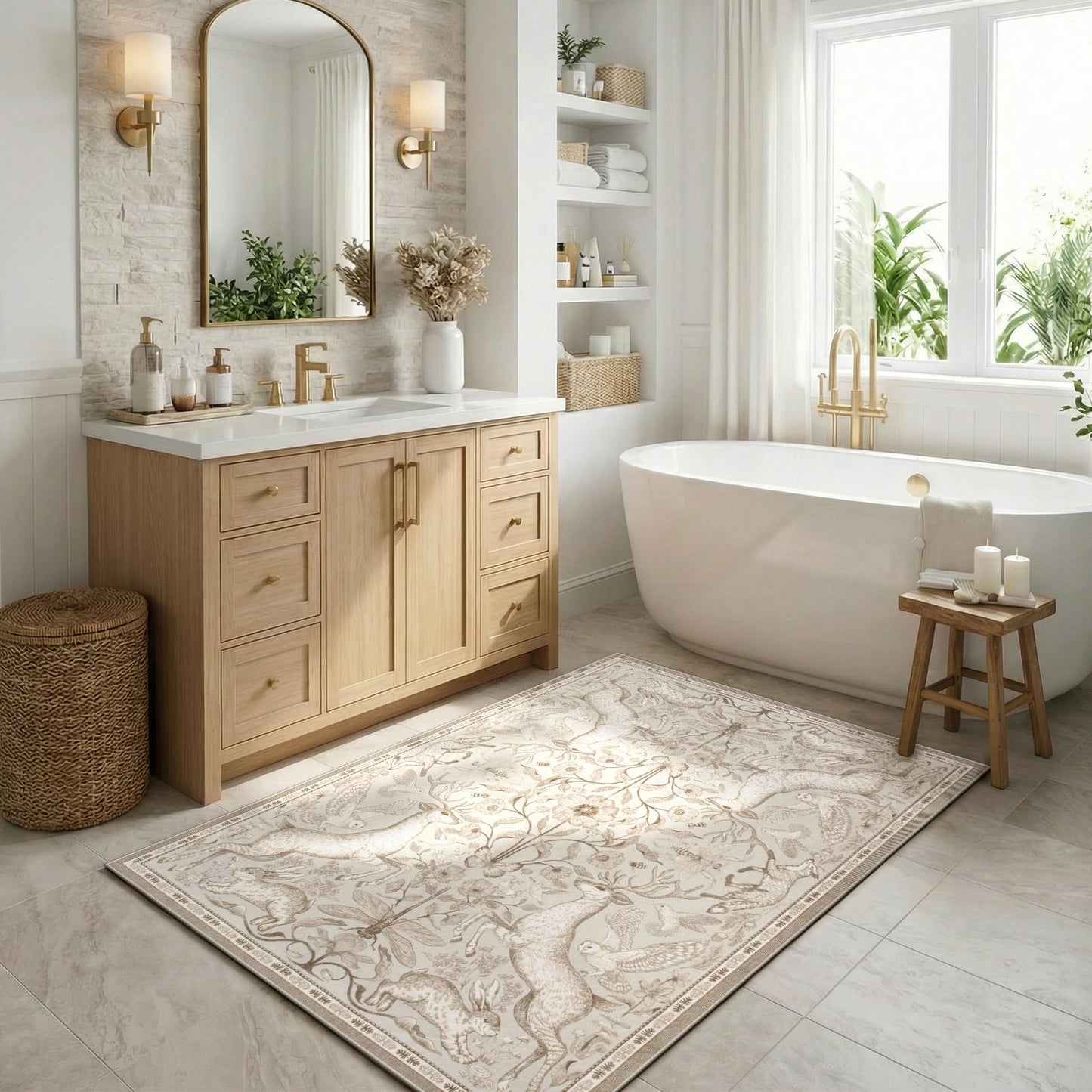 Lahome 5x7 Washable Area Rugs, Dorval Boho Deer Rugs for Living Room, Neutral Botanical Non Slip Low Pile Soft Carpet for Bedroom Dining Room Nursery Office Home Decor Beige
