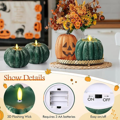 Retisee 3 Pcs Flameless Thanksgiving LED Candle Fall Light up Pumpkin Flameless Candles with Timer Remote Control, 4" 6" h Autumn Farmhouse Rustic Harvest Decor for Home Party(Green)