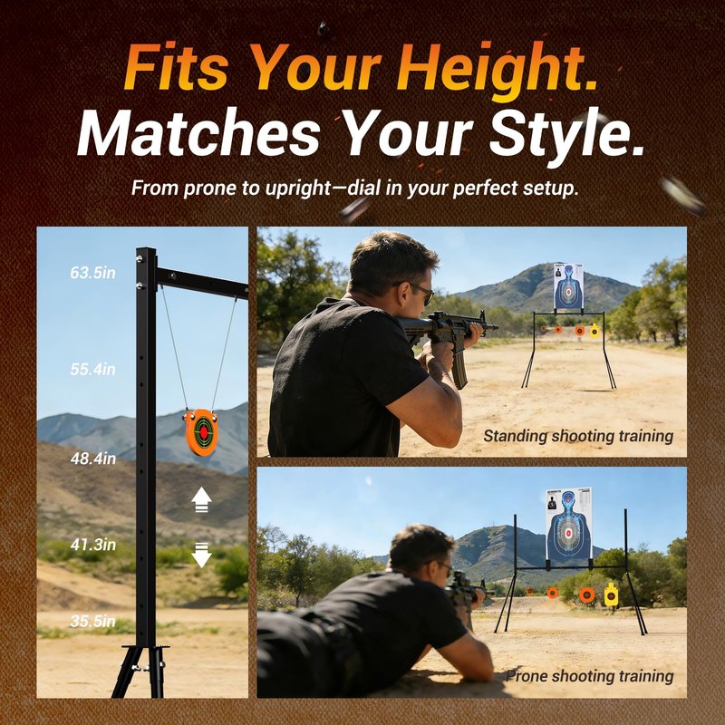 AR500 Steel Targets and Stand System Kit - 3/8" Thick with 4",6",8" Gongs & 7"x12" Torso, Adjustable 35.5"-63.5" Shooting Target Stand, Bonus 10pc Paper Targets & 10 Stickers for Outdoor Rifle Pistol