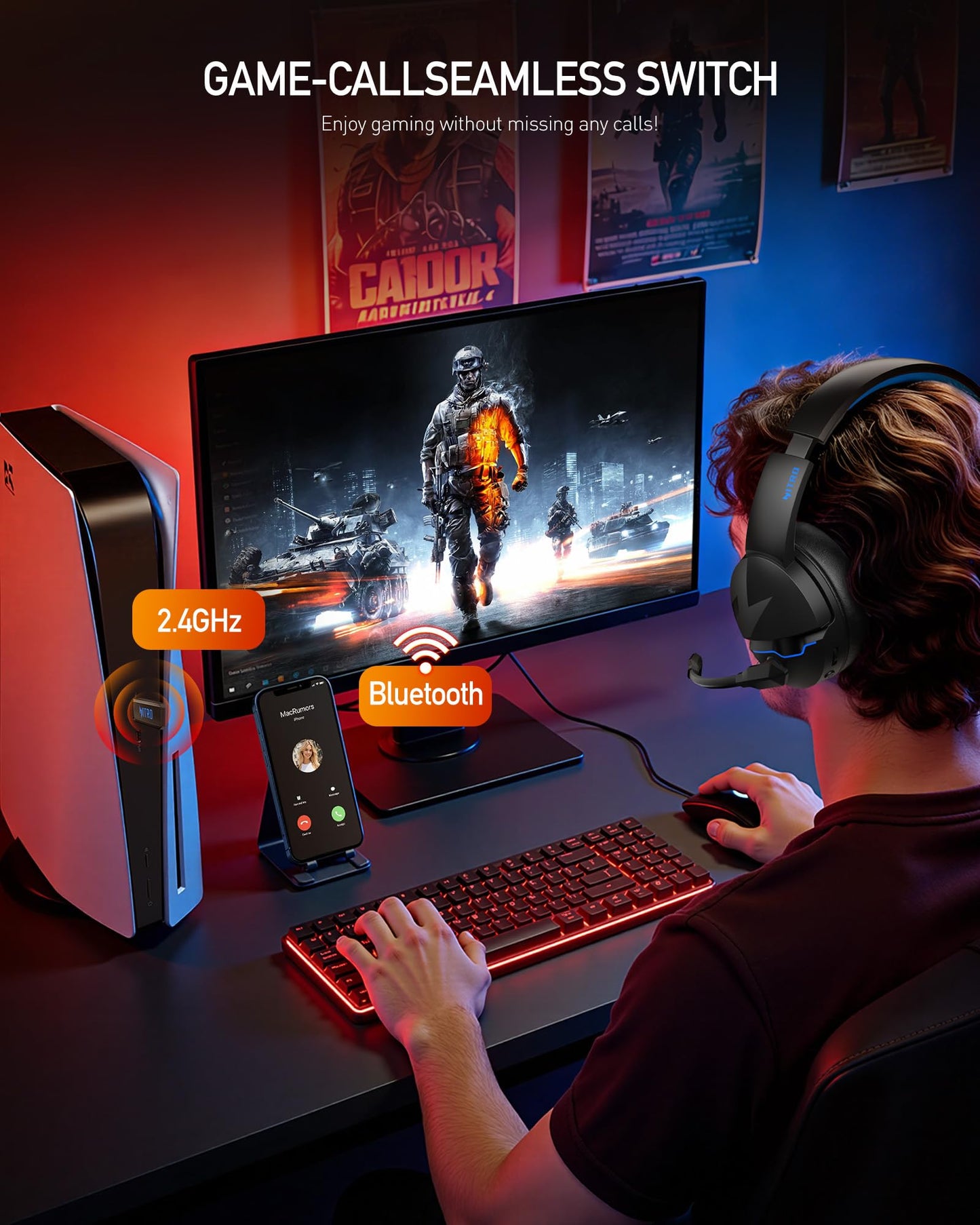 Acer 2.4GHz Flex Wireless Gaming Headset | Non-Stop 100H Battery | Dynamic 50mm Drivers | Clear Voice Mic | Bluetooth5.3, 3.5mm | Gaming Headphones for PC, PS4, PS5