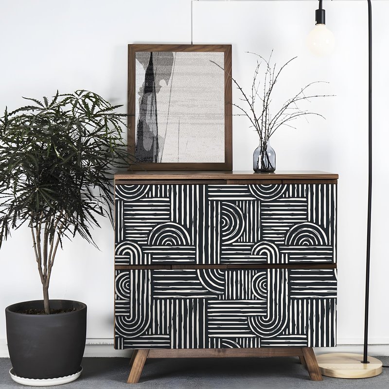 Livelynine Geometric Peel and Stick Wallpaper Black and White Modern Mid Century Geometric Abstract Wall Paper Contemporary Minimalist Lines 17.5x78.8 Geometric Pattern Contact Paper for Cabinets