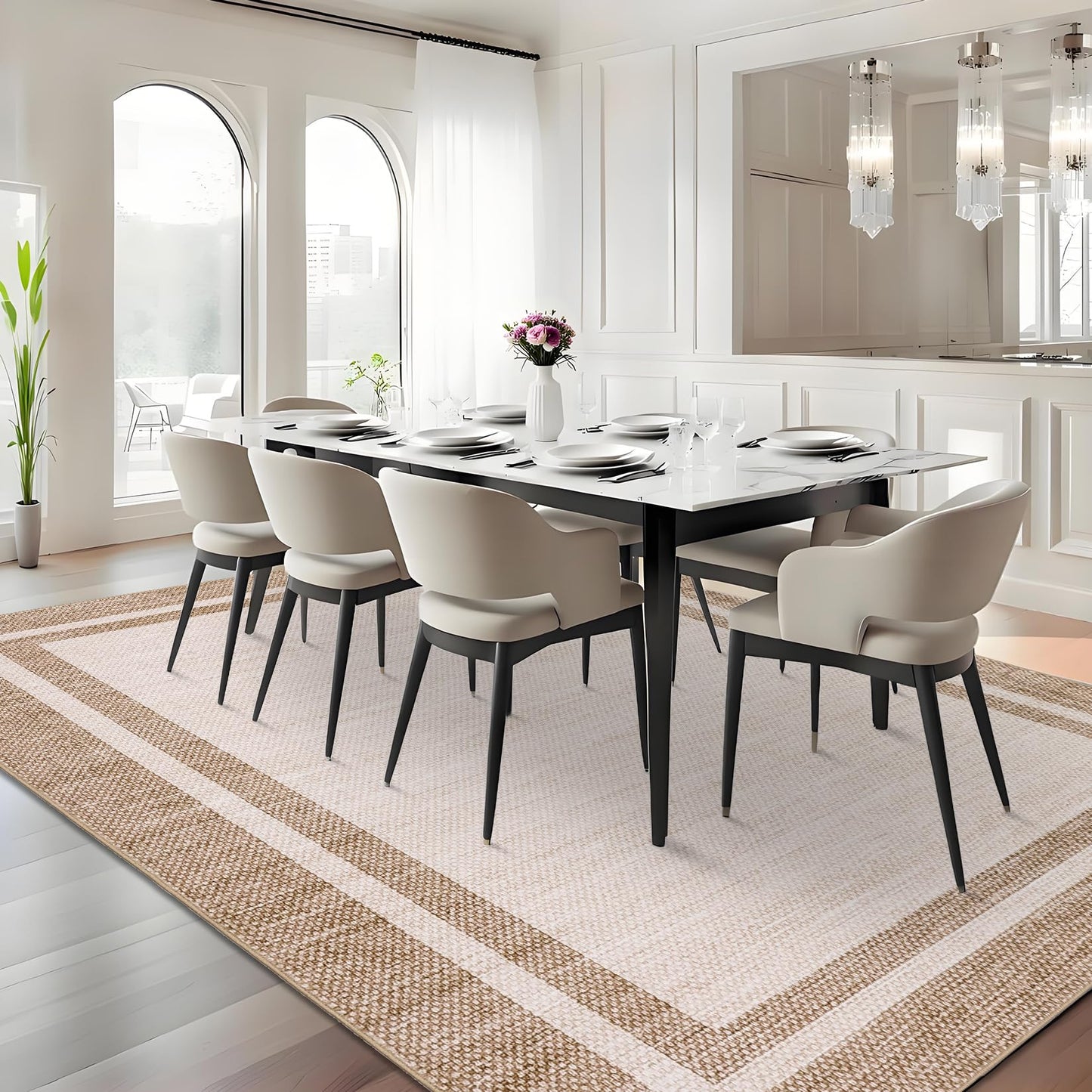 COZYLOOM 5x7 Living Room Rugs Washable Kids Bedroom Rug Non Slip Stain Resistant Modern Bordered Rug Non Shedding Low Pile Carpet Foldable Thin Minimalist Mats for Entryway Nursery Office, Beige