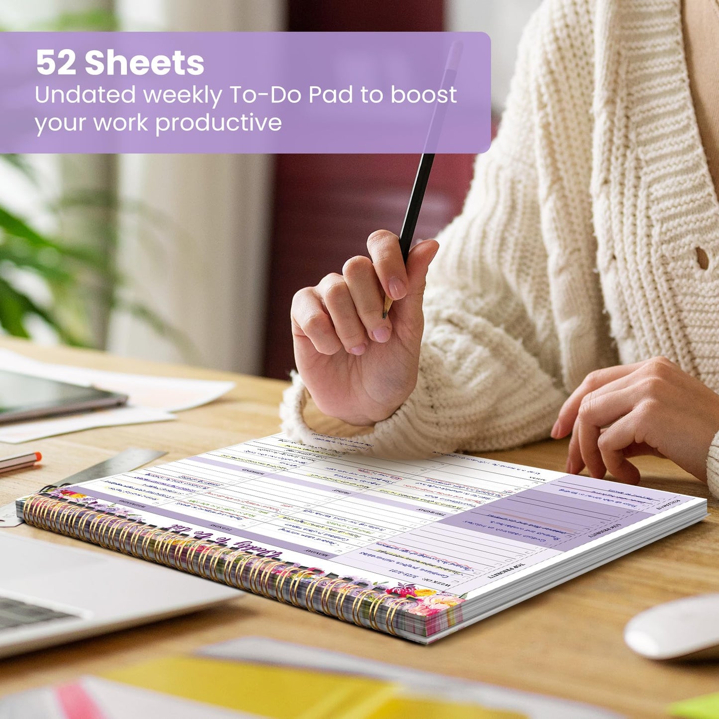 Weekly To Do List Notepad with 52 Undated Sheets（8.5"×11"）- Undated Weekly Planner Notepad for Office Desk Accessories and Supplies - Lavender Charm