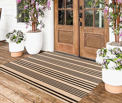BUAGETUP Outdoor Rug 3'x 5',Tan Striped Washable Area Rug Hand-Woven Cotton Rug Indoor/Outdoor Area Rug Floor Mat for Farmhouse Living Room Bedroom