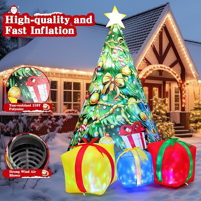 GOOSH 11.8 FT Christmas Inflatables Tree Outdoor Decorations Blow Up Christmas Tree Gift Box Yard with Colorful Light for Holiday Party Indoor Garden Lawn Decor (Yellow)
