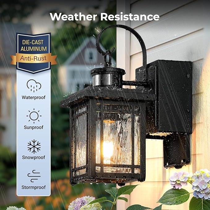 2-Pack Front Porch Light with GFCI Outlet, Black Motion Sensor Outdoor Light Fixtures Wall Mount, Exterior Wall Sconce with Adjustable Sense Range, 100% Aluminum Coach Lantern for Garage, Patio