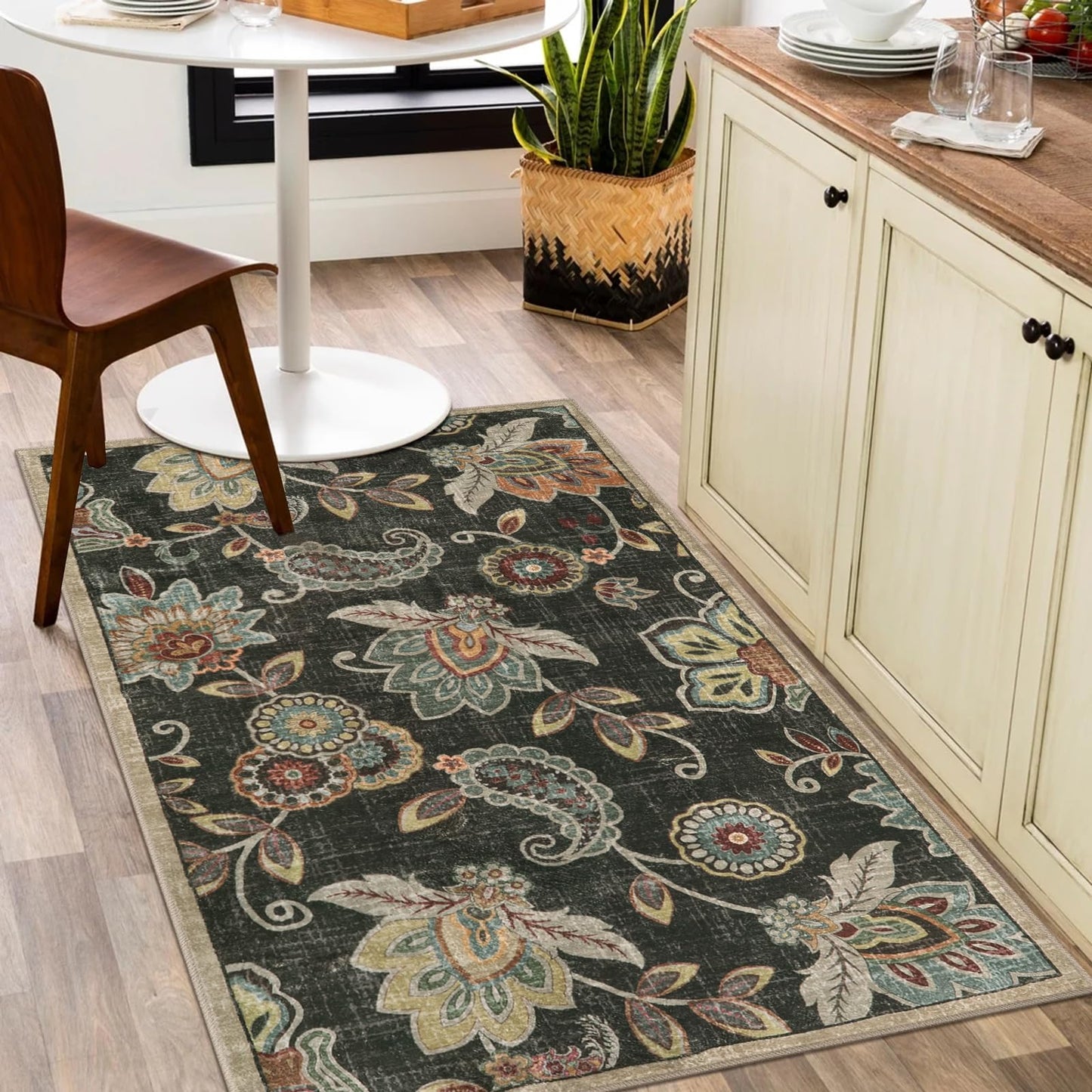 Morebes Floral Washable Rugs 3x5,Brown Throw Rugs for Bedroom Non Slip,Soft Distressed Paisley Bathroom Mat, Entryway Rug Indoor Accent Floor Chair Carpet for Living Room Coffee Table