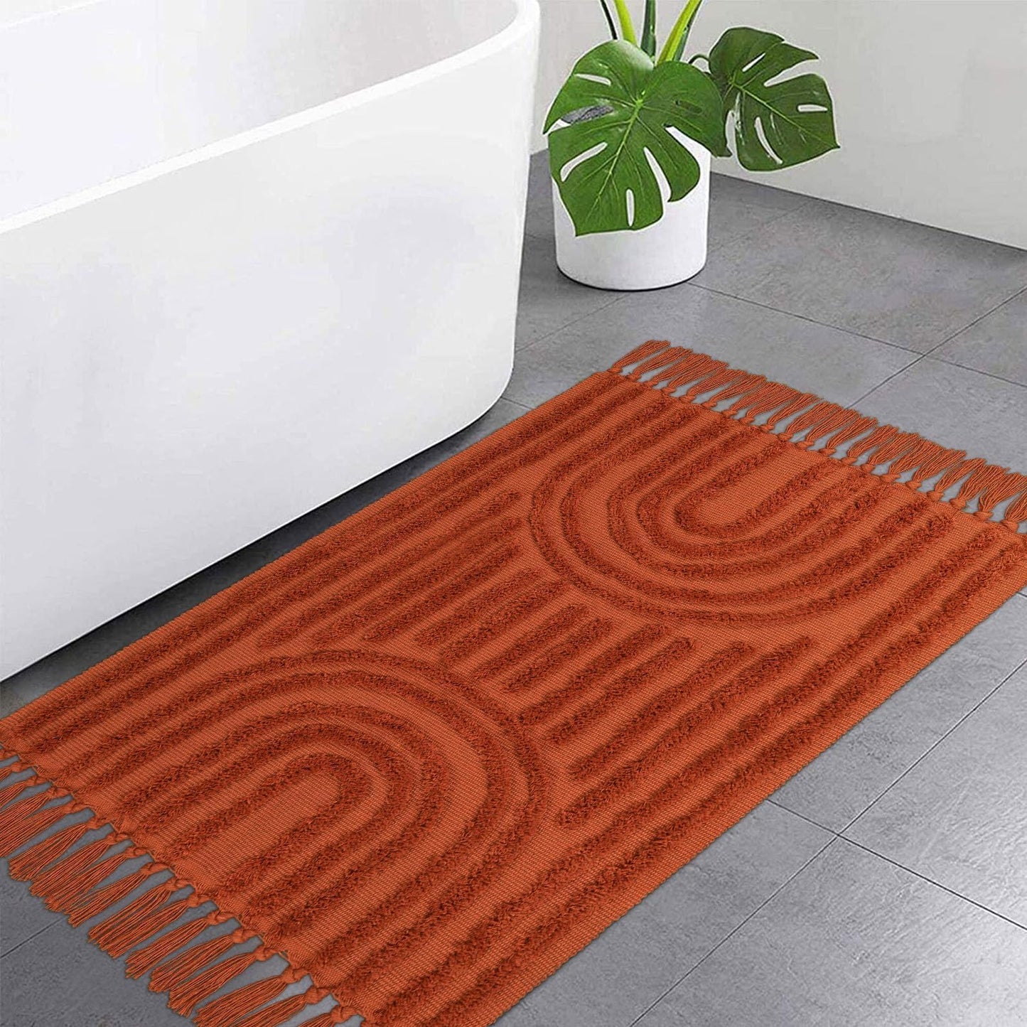 LEEVNA Washable Bathroom Rugs 2'x3', Hand-Woven Kitchen Rug with Tessal, Terracotta Bedroom Throw Rugs, Boho Tufted Rainbow Rug, Farmhouse Indoor Door Mat for Entryway/Porch/Back Door