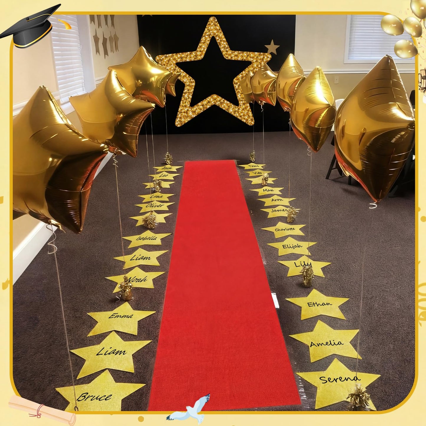 eBoot Red Carpet Runner Backdrop 23ft Graduation Aisle Runner with Large Star Backdrop and 24 Star Paper Cutouts for Graduation Ceremony End of Years Movie Theme Party Entrance Photo Booth Decorations