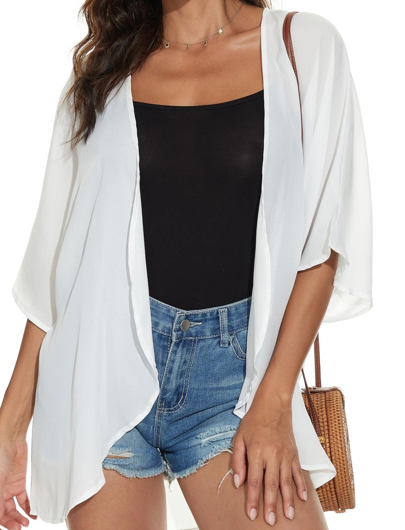 Women Summer Tops Kimono Cardigans Sheer Beach Cover Ups Chiffon Open Front Shirts （White,M
