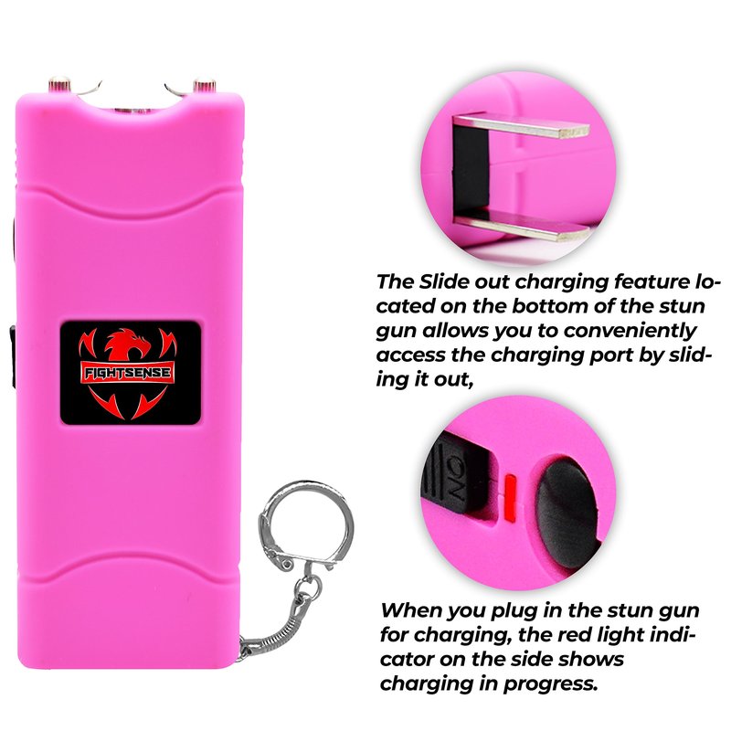 FIGHTSENSE Super Heavy Duty Keychain Stun Gun with Flashlight for Men and Women self Defense Device, Rechargeable Stun Gun, Nylon Holsters (Pink)
