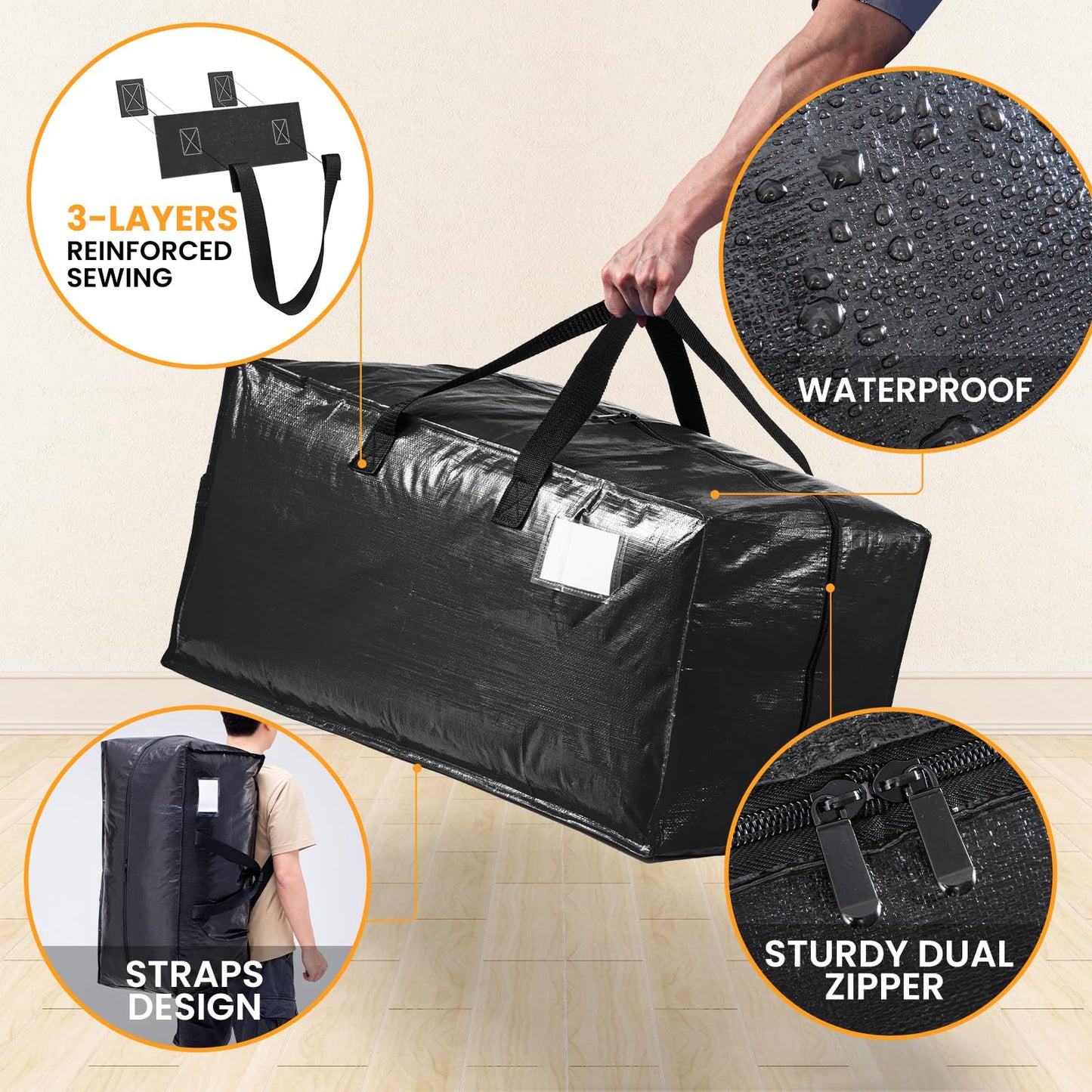 TAILI Heavy Duty Moving Bags, Clothing Storage Bags with Sturdy Zipper and Strong Handles, Black Clothes Storage Bins, Extra Large Tote for Moving Supplies, Better than Boxes (6-Pack)