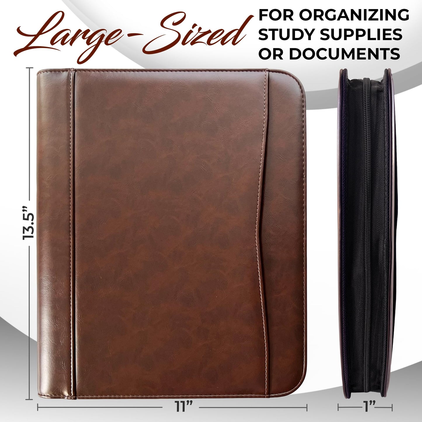 DEHITE Leather Portfolio for Men – Padfolio Case for Men and Women – Brown Bible Notebook Organizer – Pen Slots – Zipper Binder – Premium PU Leather – Feels Like Full-Grain – Office Gift Accessories