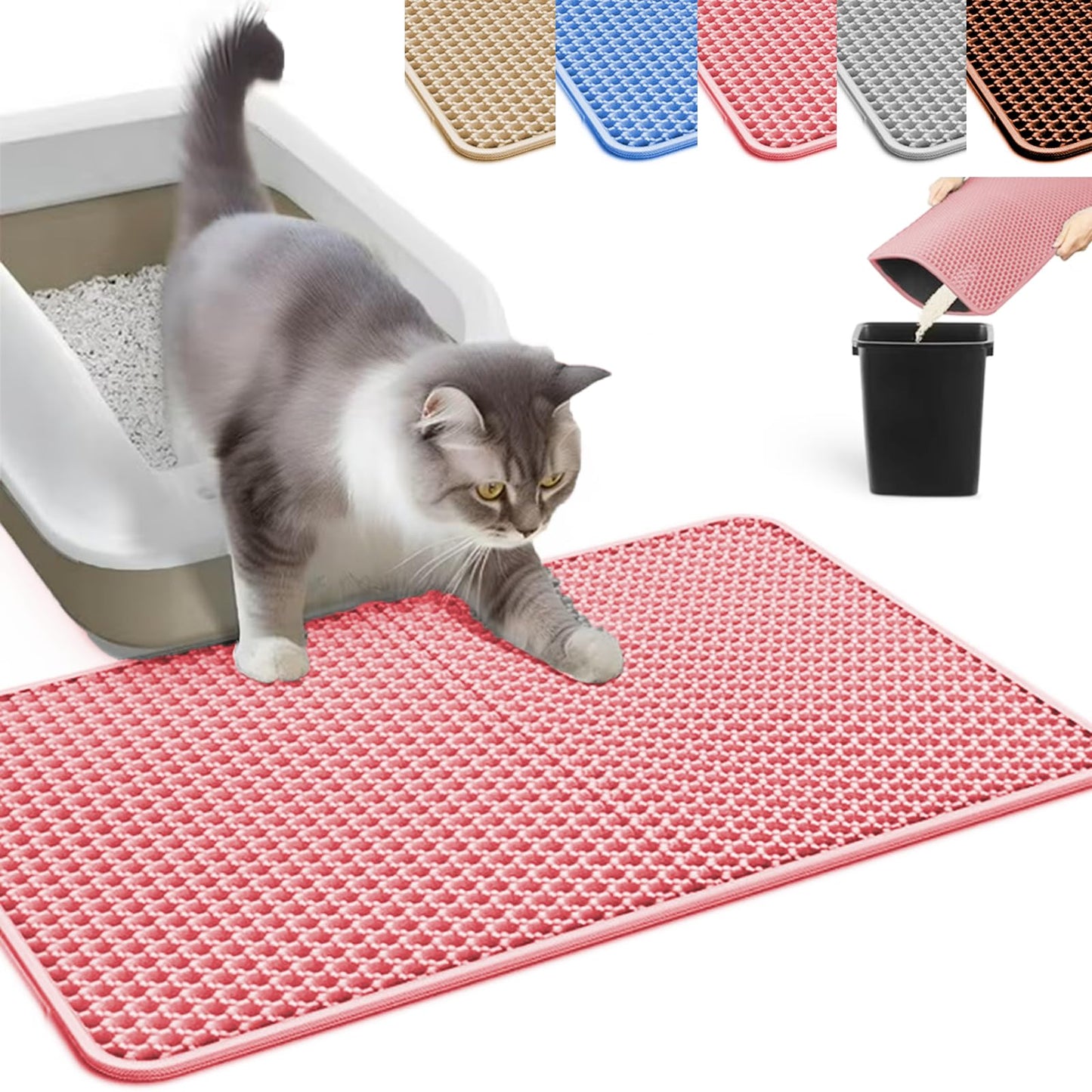HCY&WLD Cat Litter Mat, Honeycomb Double Layer Cat Litter Trapping Mat, Waterproof Urine Proof Non-Slip, Scatter Control, Less Waste, Easier to Clean, Pink, 24" x 18"