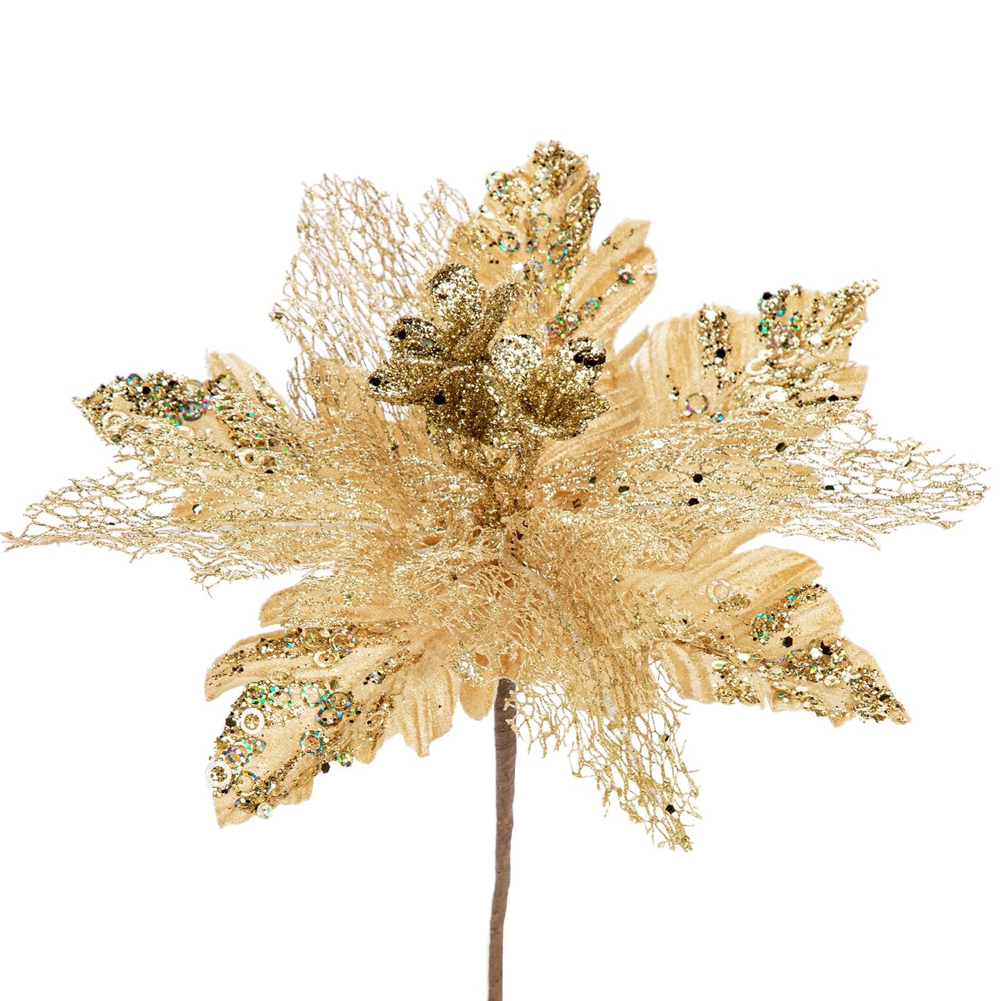 Briful 6PCS Poinsettias Christmas Tree Flowers 9.8'' Artificial Christmas Floral Picks and Sprays Large Gold Silk Flowers with Stems for Xmas Home Vase Table Centerpiece Garland Decor