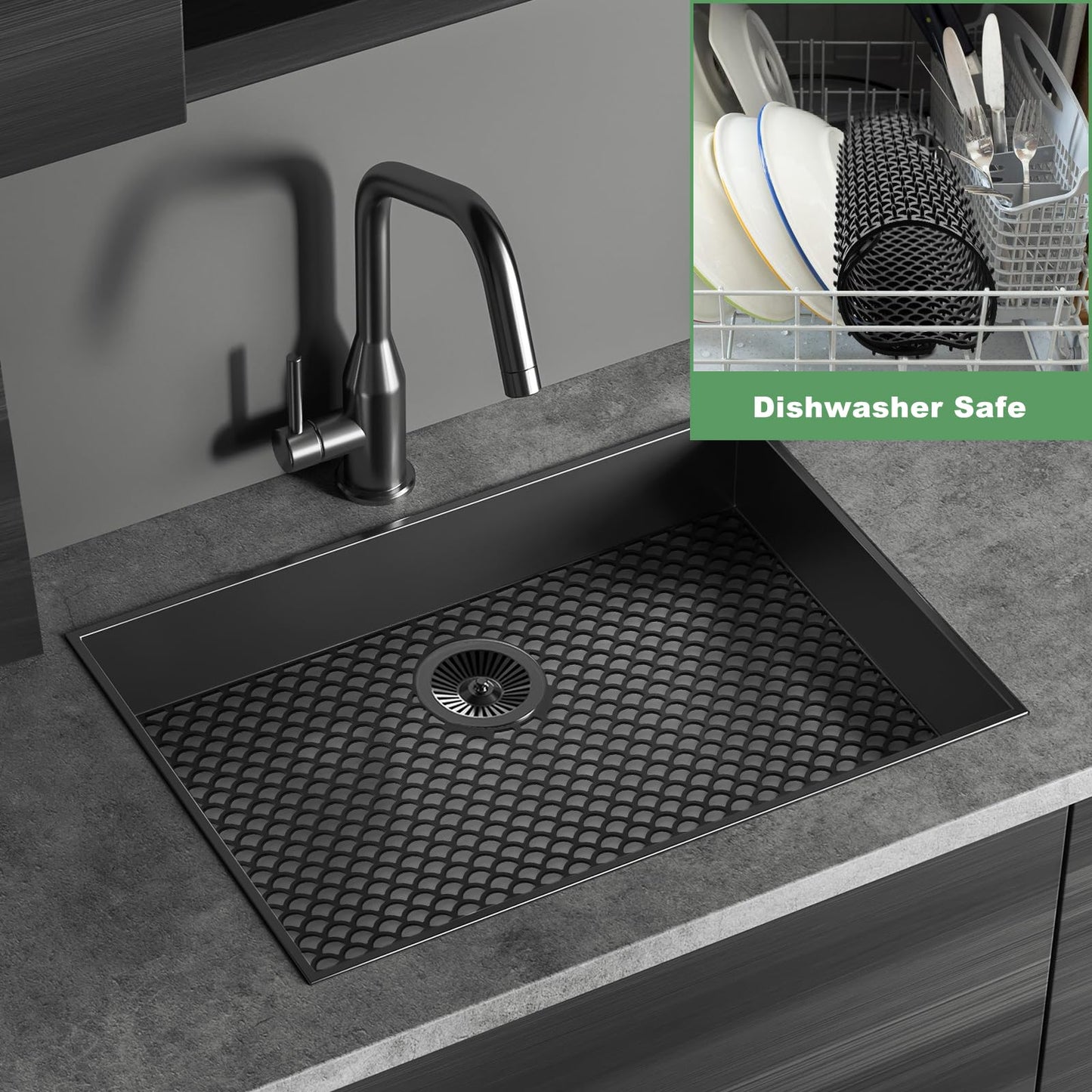 Sink Protectors for Kitchen Sink - Large 28.4"x 15" with Rear Drain Hole Heat Resistant Easy Clean Non-slip Silicone Kitchens Sinks Mat for Bottom of Kitchen Sinks Stainless Steel(Black)-72x38CM