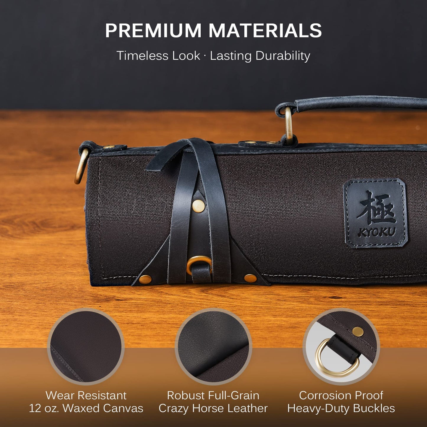 KYOKU Chef Knife Roll Bag, Kitchen Knife and Utensil Holder with 10 Slots 3 Cutlery Holders for Chef Knife Set, Oiled Leather and Waxed Canvas Knife Roll Up Travel Bag with Adjustable Strap, Black