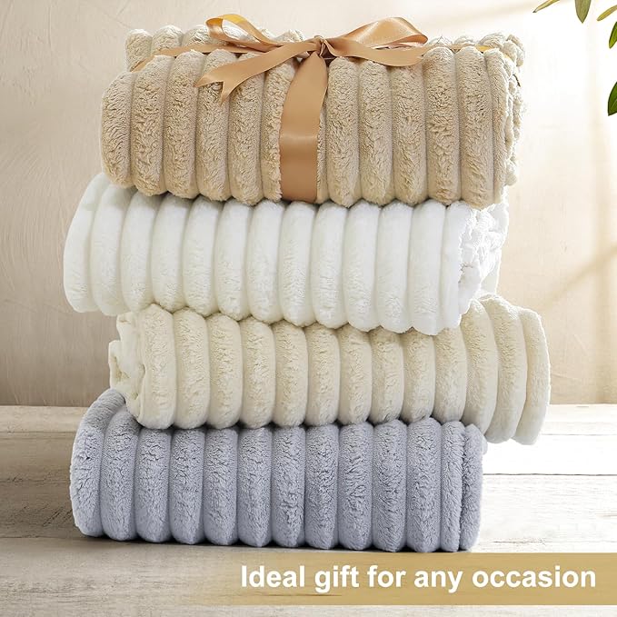 decorUhome Soft Fleece Light Brown Blanket Queen Size for Bed, Cozy Fluffy Plush Flannel Large Striped Throws for Couch Sofa, Lightweight Decorative Fuzzy Blanket for Woman, 90x90 Inches