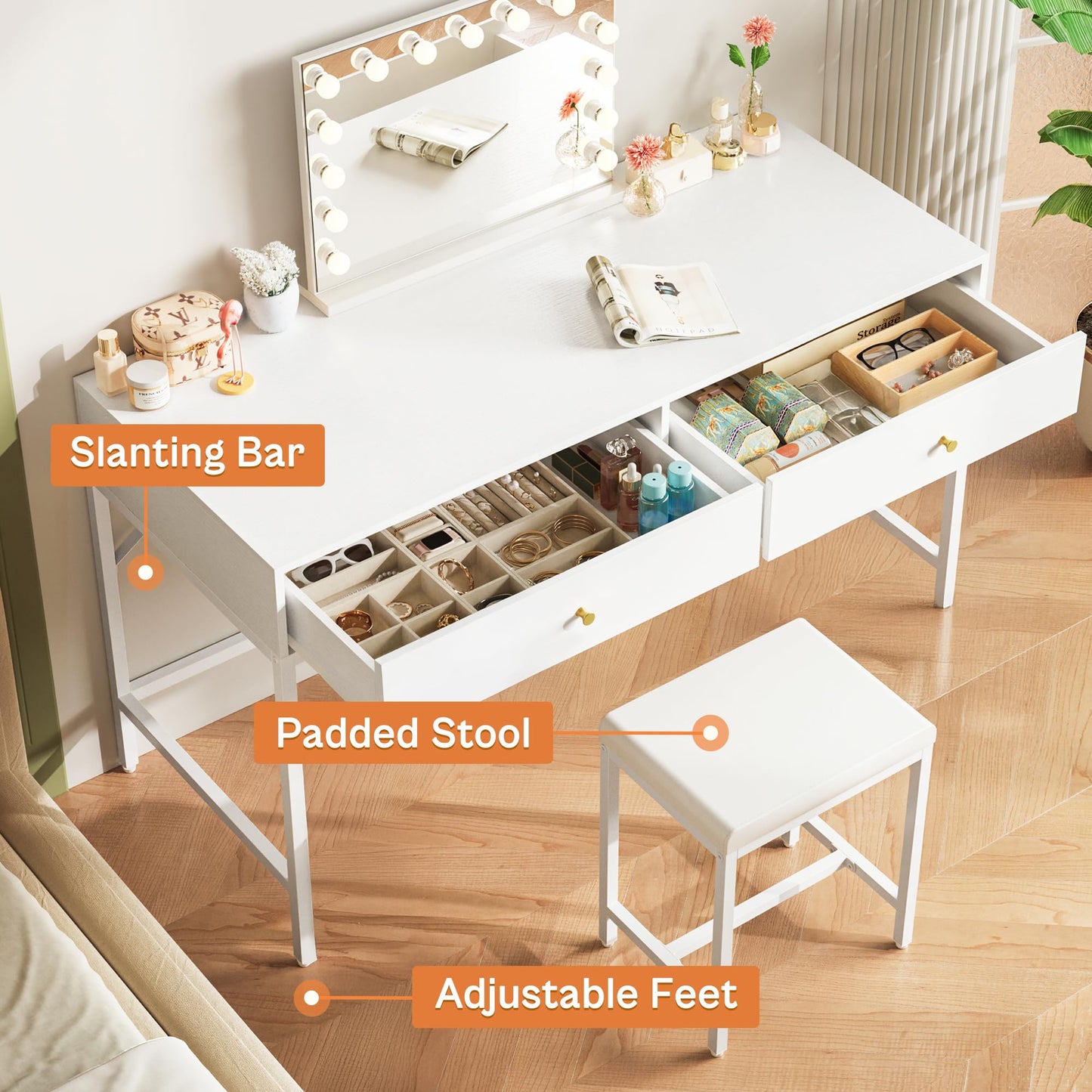 SUPERJARE 43-inch White Desk with 2 Drawers and Padded Stool, Modern Makeup Vanity & Computer Desk with Storage for Home Office, Bedroom Study