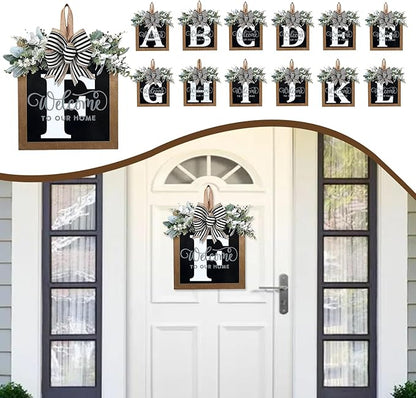 Ultra Large 14'' Last Name All Year Round Front Door Wreath with 26 Initial Letter Welcome Sign All Seasons Eucalyptus Garland and Bow Wreaths for Front Door Porch Farmhouse Decoration (F)
