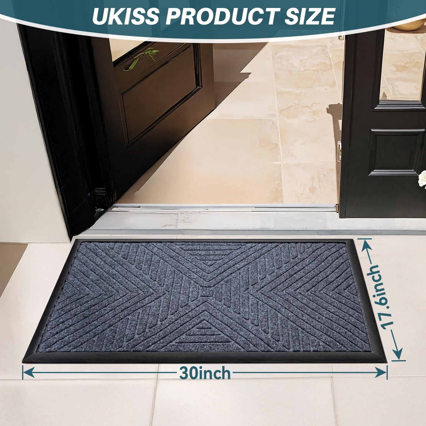 UKISS All-Season Front Door Mat Outside Entrance, Absorbent, Heavy-Duty Low-Profile Non-Slip Doormat Indoor Outdoor, Stain and Fade Resistant Washable Rubber Mat for Entryway,30''x17.5'', Grey