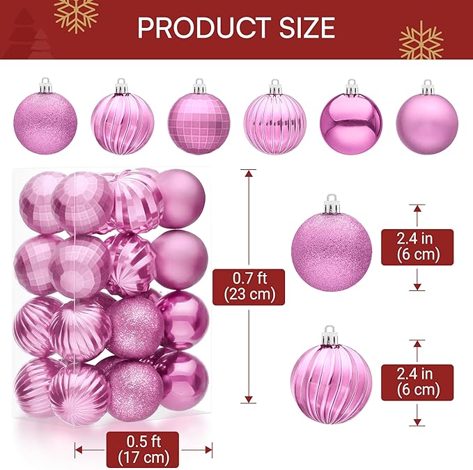 JOIEDOMI 24 Pcs Pink Christmas Balls Ornaments Set, 2.36" Christmas Tree Ornaments Shatterproof, Xmas Balls Hanging Decorations for Tree Wreath Garland Holiday Wedding Indoor Party Decor