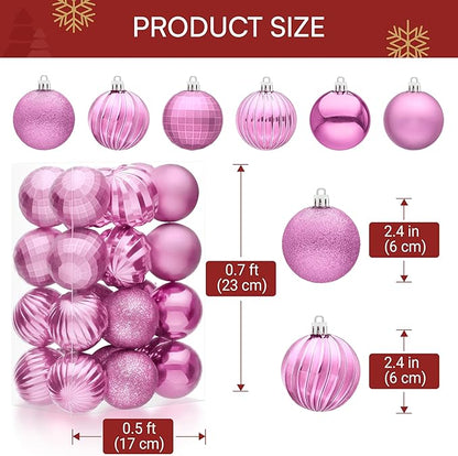 JOIEDOMI 24 Pcs Pink Christmas Balls Ornaments Set, 2.36" Christmas Tree Ornaments Shatterproof, Xmas Balls Hanging Decorations for Tree Wreath Garland Holiday Wedding Indoor Party Decor