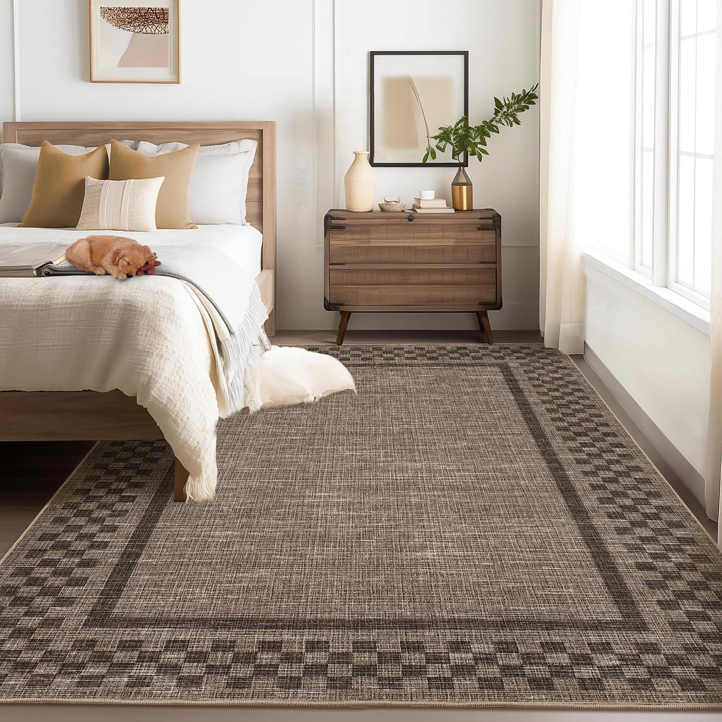 GarveeHome Machine Washable 5x7 Area Rugs Modern Bordered Living Room Rug Non Slip Checkered Geometric Bedroom Throw Carpet Soft Boho Rugs for Dining Room Nursery Home Office, Brown