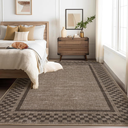 GarveeHome Machine Washable 5x7 Area Rugs Modern Bordered Living Room Rug Non Slip Checkered Geometric Bedroom Throw Carpet Soft Boho Rugs for Dining Room Nursery Home Office, Brown