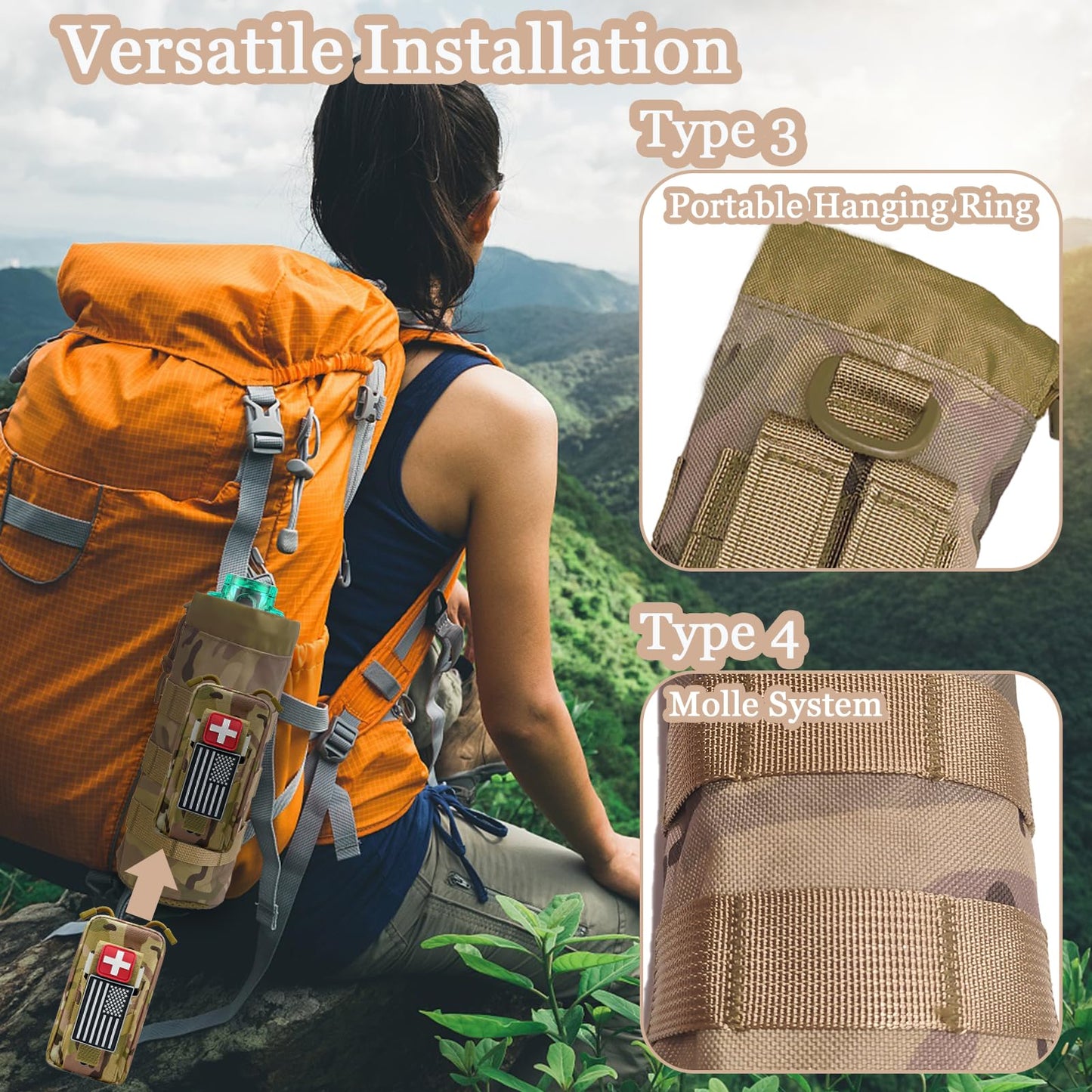 1000D Nylon Tactical Molle Water Bottle Pouches, Outdoor Sports Water Bottles Pouch Bag, 16/24/25/32/40oz Drawstring Open Top and Mesh Bottom Water Bottle Carrier Bag for Belt/Backpack/Vest/Bike