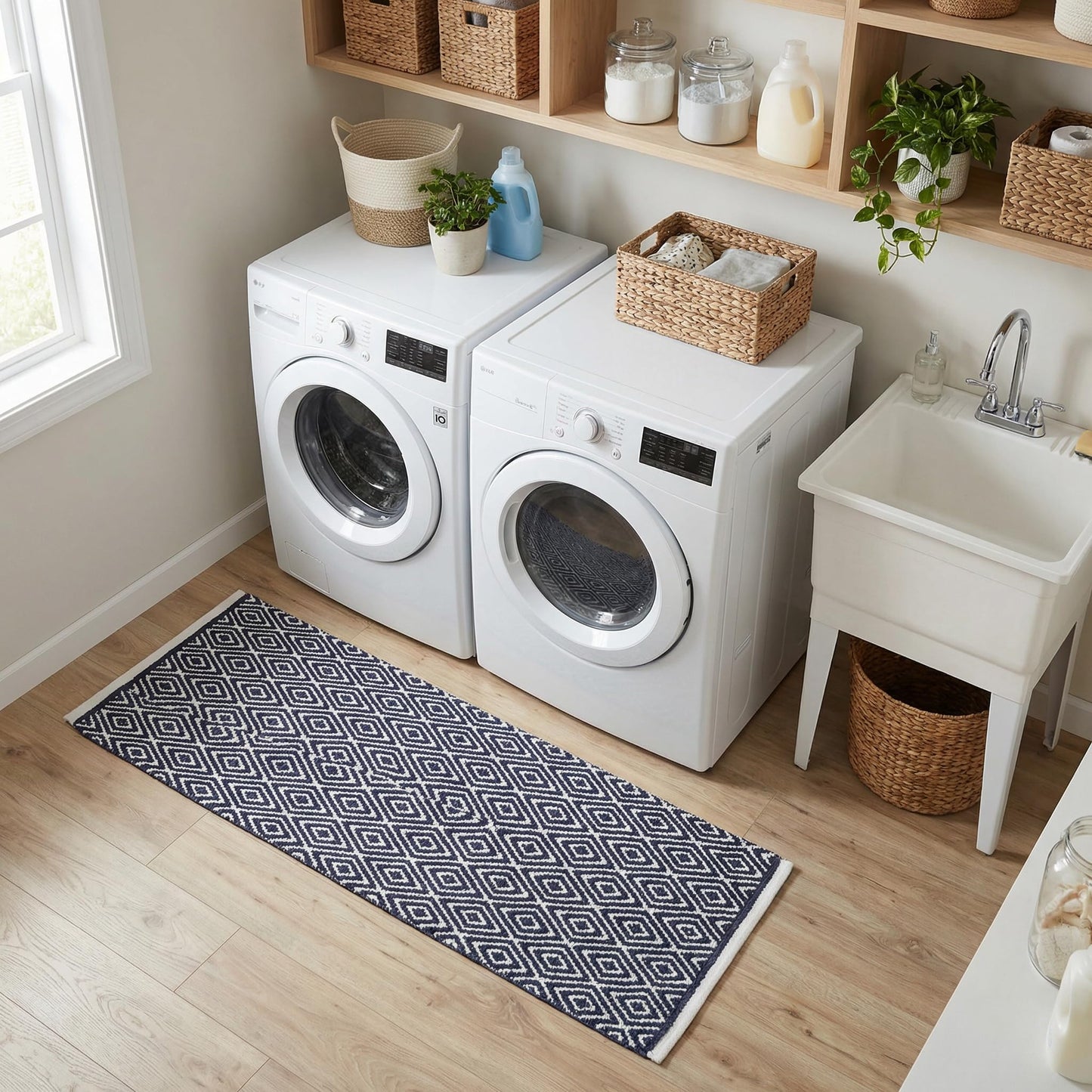Chenille Cotton Diamond Runner Rug 2x5 Feet - Navy, Reversible Washable Soft Floor Runners Ideal for Kitchen, Hallway, Bedroom, Bathroom | Blue Farmhouse Boho Indoor Use Rugs for Patio Décor