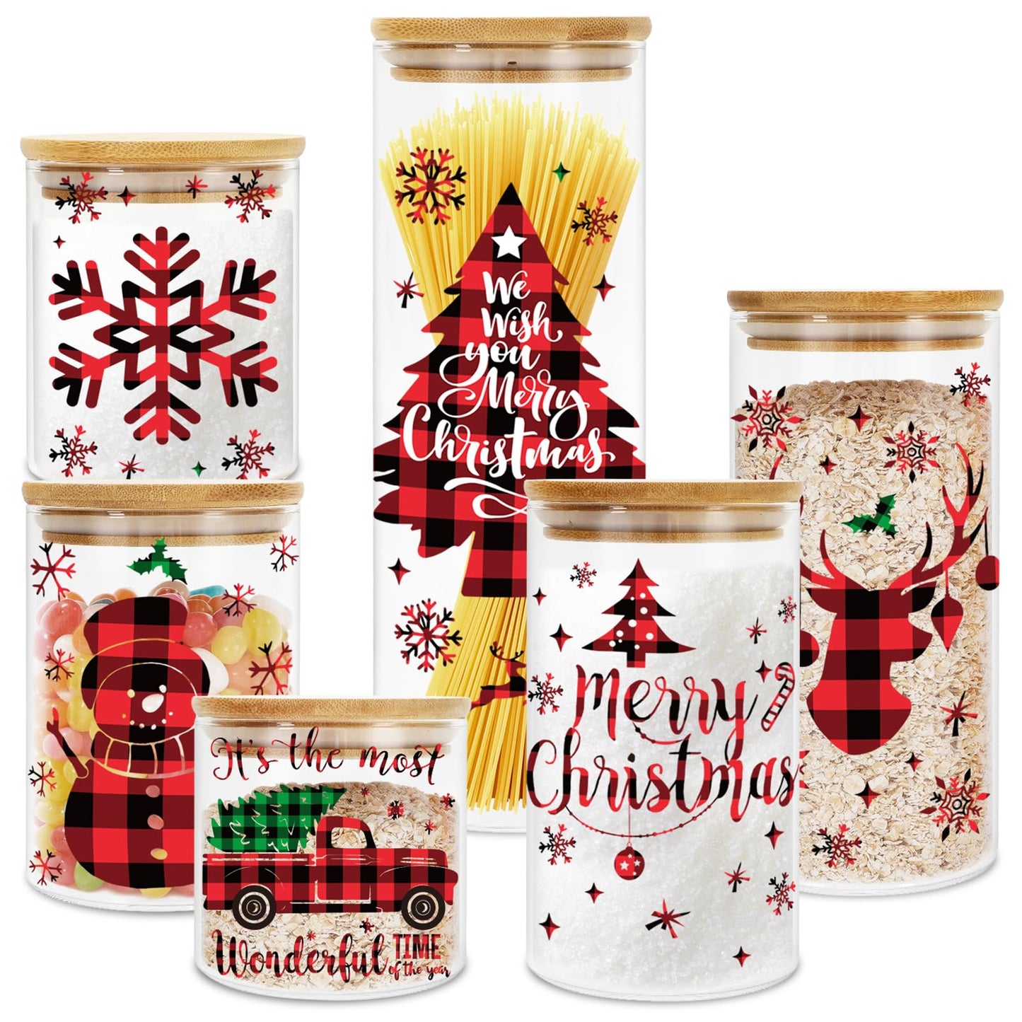 JarThenaAMCS 6Pcs Merry Christmas Glass Storage Jars with Airtight Lid Red Black Plaid Xmas Tree Snowman Reindeer Snowflake Canisters Sets for Home Kitchen Countertop