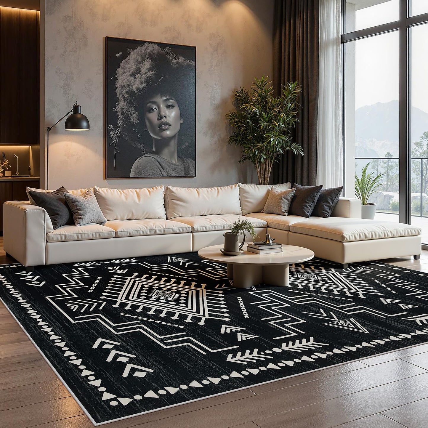 Joydeco Moroccan 5x7 Western Black and White Rugs for Living Room, Washable Soft Aztec Rug for Bedroom, Low Pile Distressed Modern Carpet for Dining Room Playroom Office Home Decor