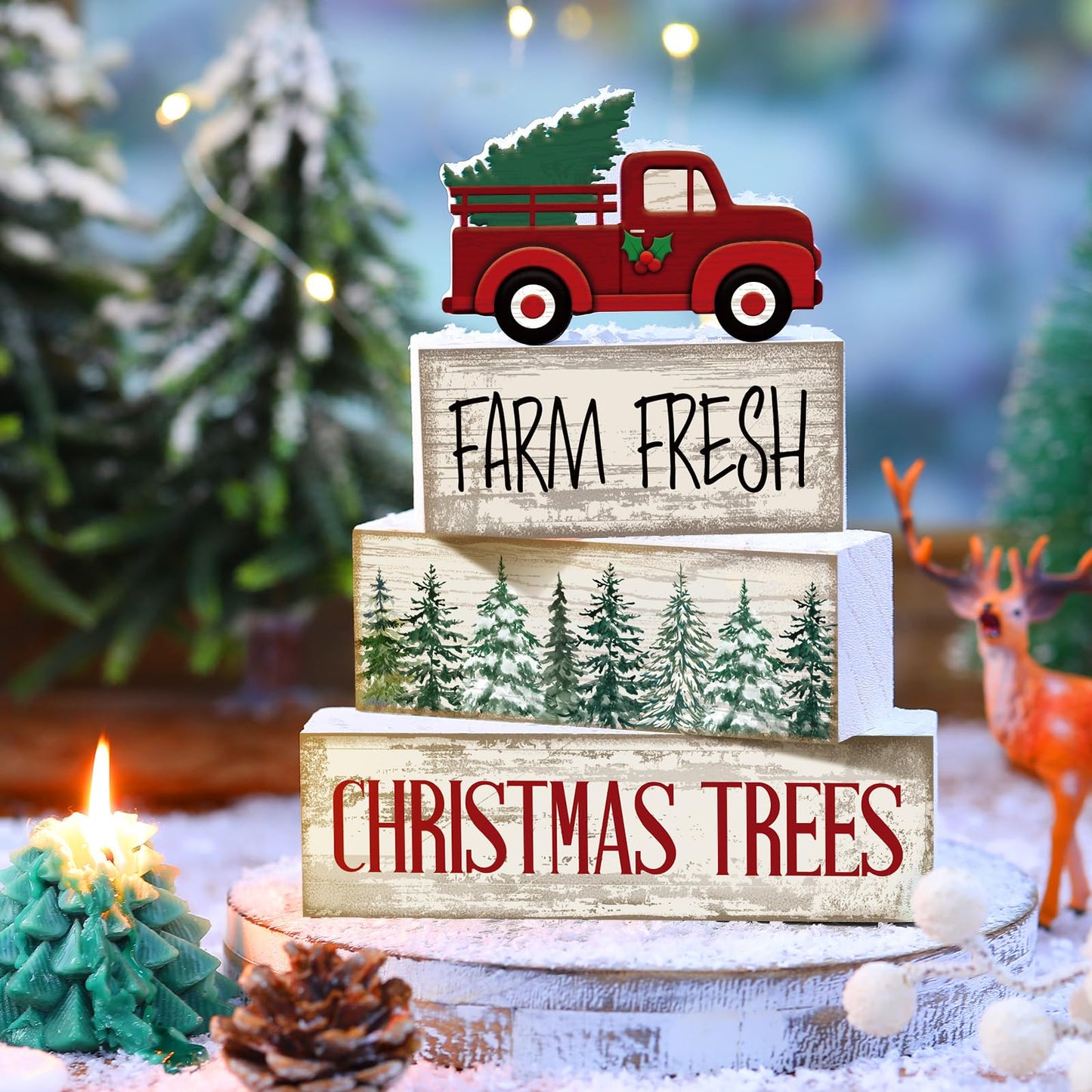 Lineshading 4 Pcs Christmas Decor Wooden Red Truck Winter Tiered Tray Decor Rustic Merry Christmas Table Centerpiece Wood Red Truck Block Sign Gift Farmhouse for Home Kitchen Tabletop Office Shelf