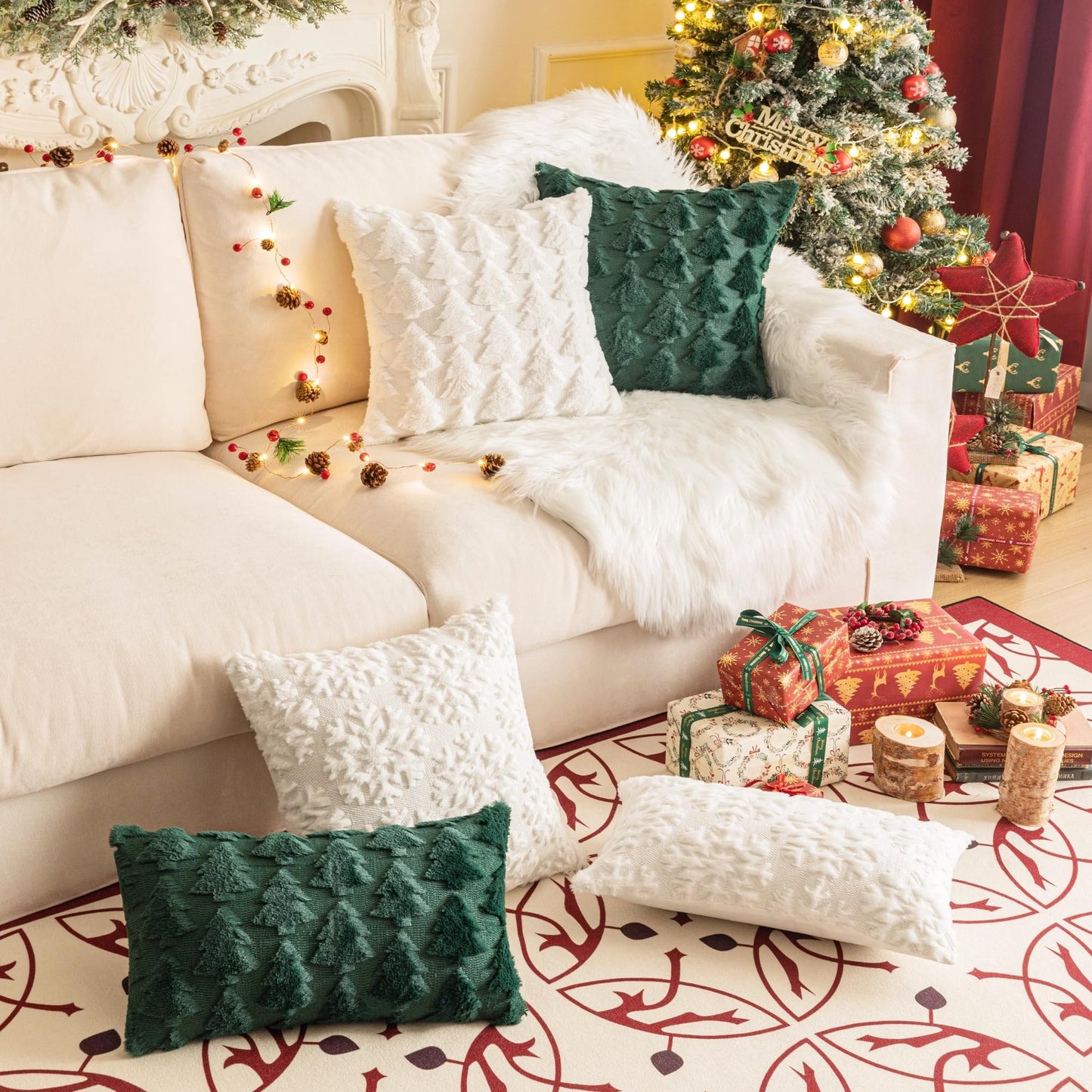 AQOTHES Set of 2 Christmas Tree Green Throw Pillow Covers 18x18 Inch, Soft Faux Fur Green Decorative Xmas Throw Pillows for Couch Sofa Holiday Winter Decor