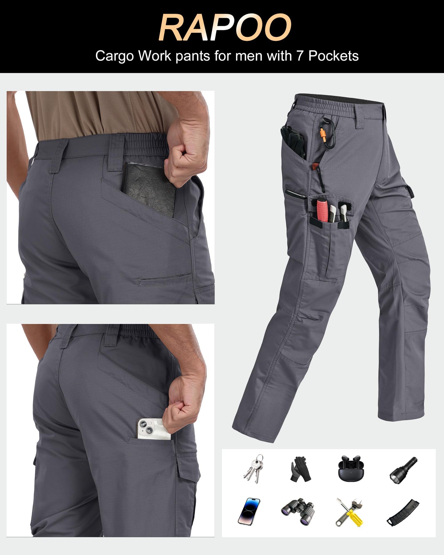Rapoo Tactical Pants for Men Cargo Working Fishing Hiking Pants for Men with Multi Pockets Elastic Waist Mens Ripstop Construction Carpenter Pants Grey 40Wx30L