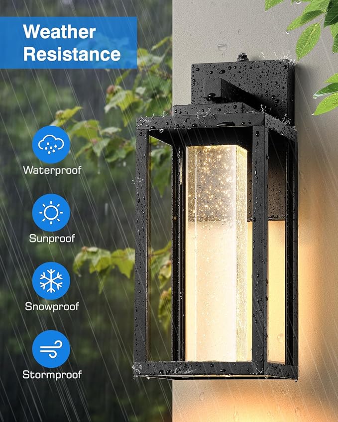 VIANIS Large Exterior Lighting Fixtures Wall Mount for House, Black Dusk to Dawn Porch Lights Outdoor with Integrated 10W LED Light Source Crystal Bubble Glass, 2 Packs Outdoor Wall Sconces Lantern