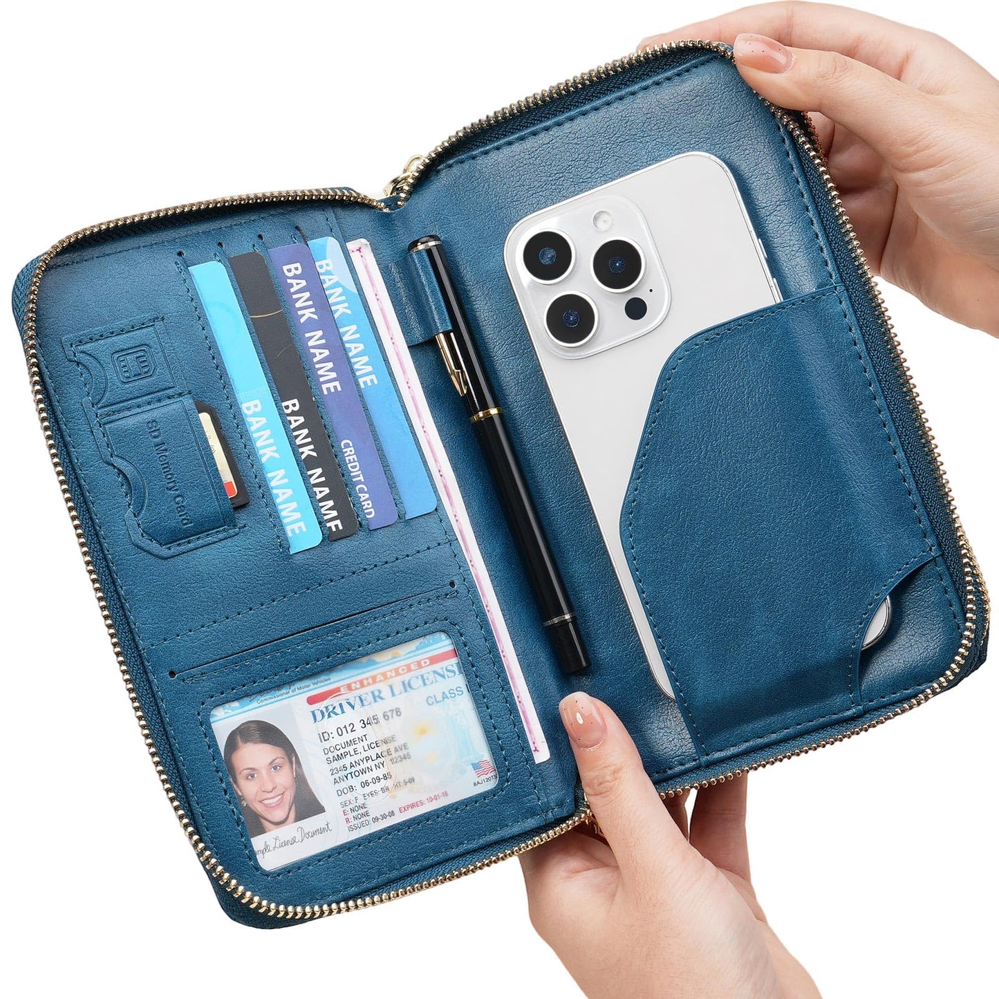 GOIACII Passport Wallet Travel Crossbody Bags for Women Wristlet Phone Purse Double Zip Vegan Leather Blue