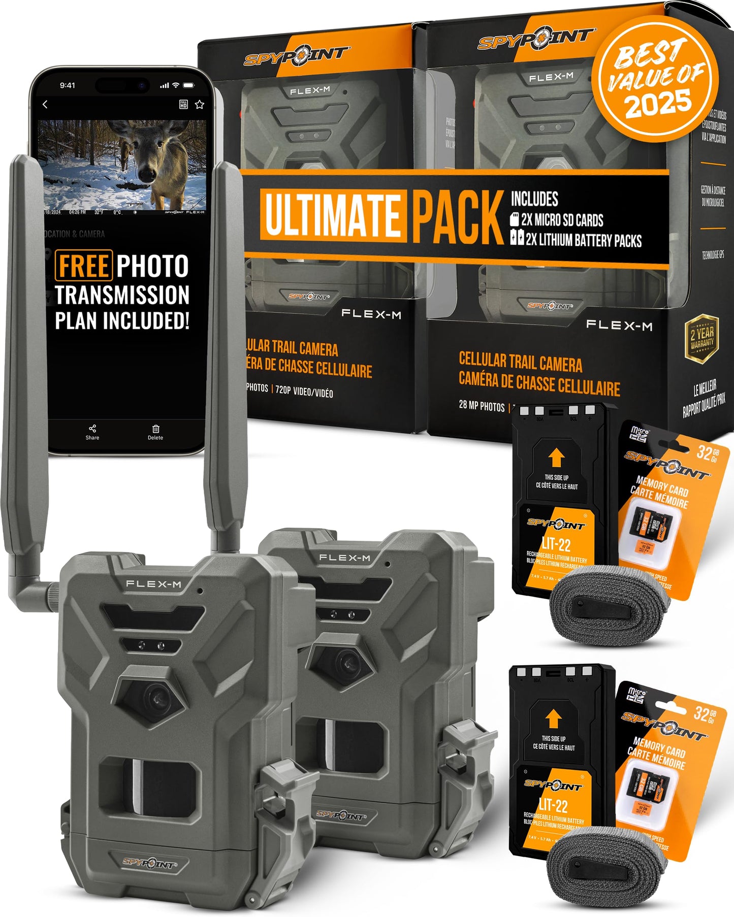 SPYPOINT Flex-M Twin Pack Cellular Trail Cameras - SD Card 2-Pack with LIT-22, Best Hunting Accessories, No WiFi Needed, GPS, Night Vision, IP65 Water-Resistant, 28MP Photos, & 720p Videos + Sound
