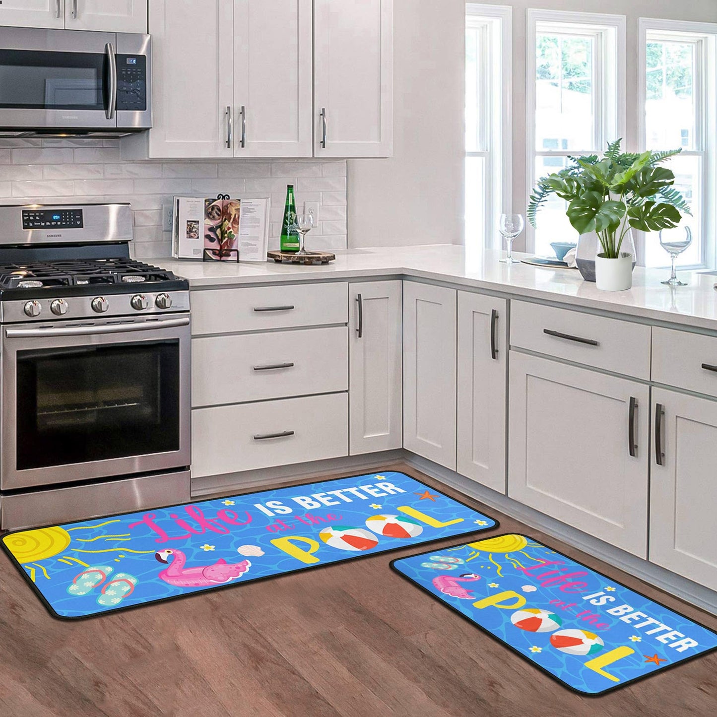 flippana Summer Kitchen Rugs and Mats for Floor, Summer Decorations for Home, 2 Pcs Non-Slip Backing Life is Better at The Pool Mat Rug Sets with Runner 17"x47.2"+17"x30"