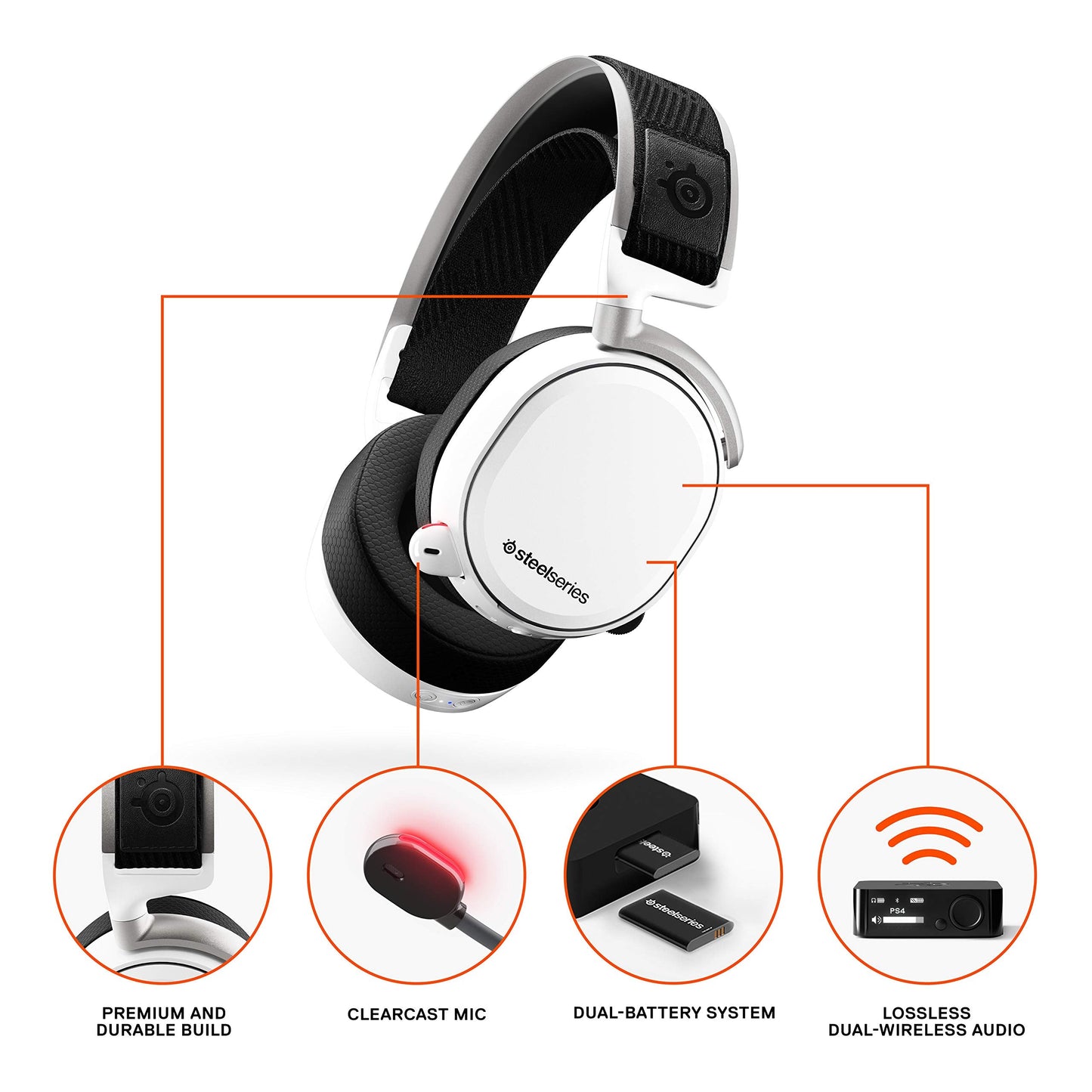 SteelSeries Arctis Pro Wireless Gaming Headset - Lossless High Fidelity Wireless + Bluetooth for PS5/PS4 and PC - White