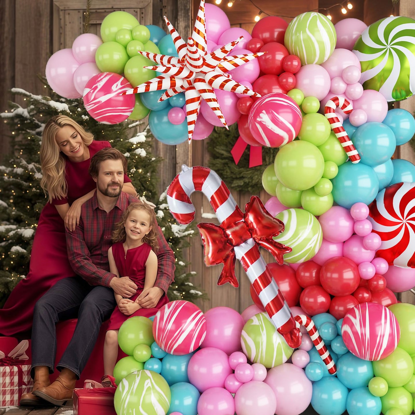 Christmas Balloon Garland Arch Kit, 121Pcs Pastel Green Pink Teal Blue Red Sand Tie Dye Balloons with Large Cane Candy Windmill Star Foil Balloon for Xmas Merry Christmas Party New Year Decorations