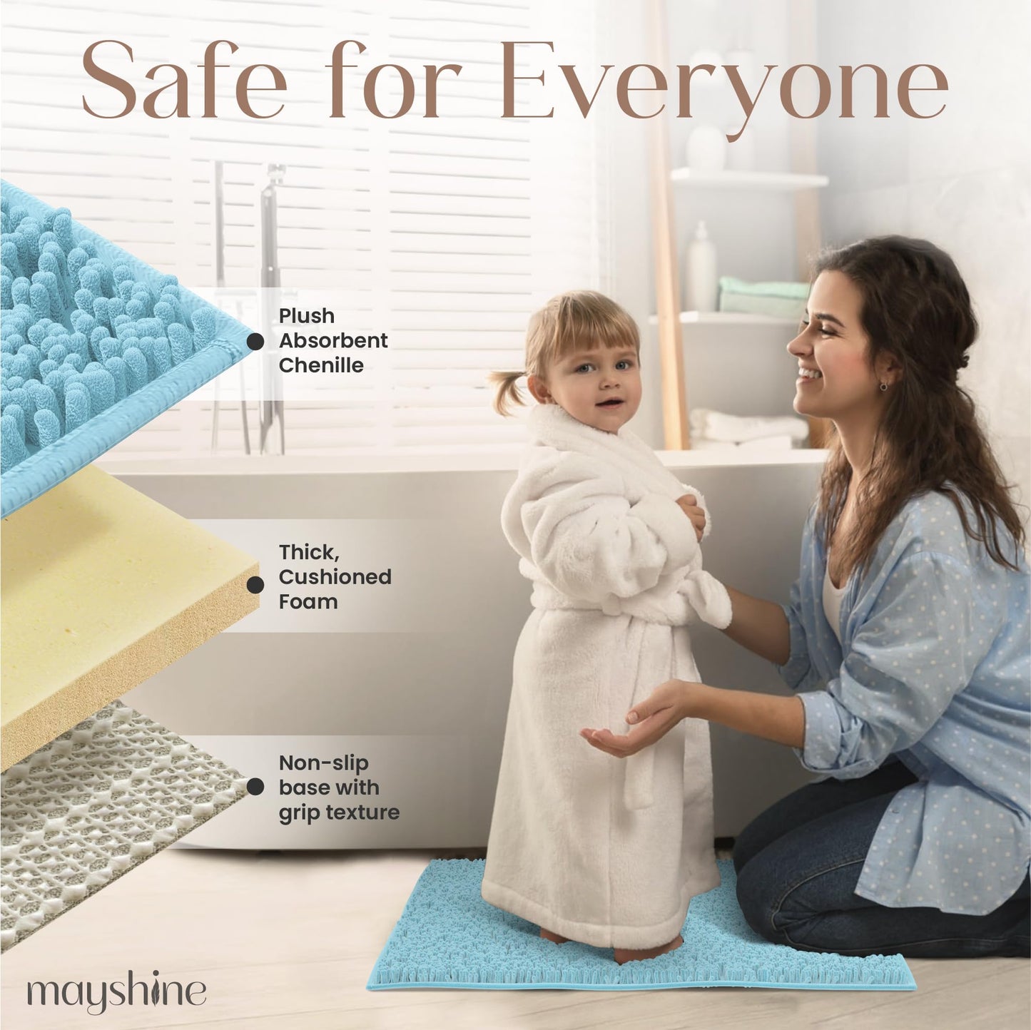 Large Plush Shaggy Chenille Bath Mat 39"x24" Extra Soft, Super Absorbent, Non-Slip Bathroom Rug | Fluffy Microfiber, Area Rug Sets for Bathroom Floor, Kitchen, Living Room | 39"x24" | Spa Blue