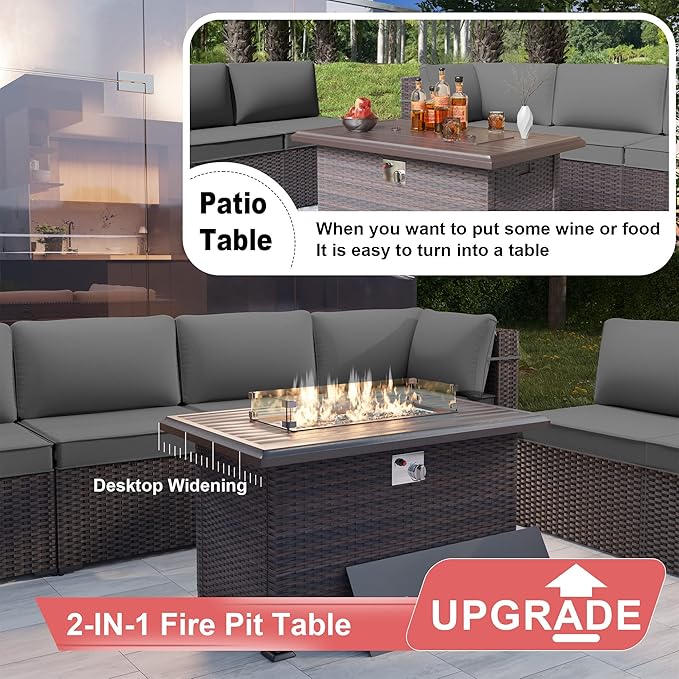 Kurapika 10 Pieces Patio Furniture Set, Rattan Wicker Outdoor Conversation Sets w/43in Propane Fire Pit Table and 4 Inch Cushion(Grey)