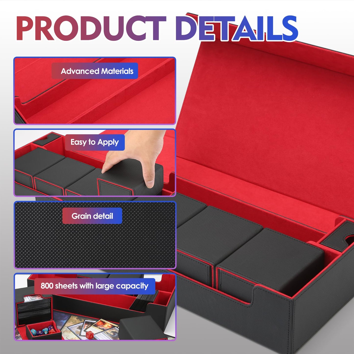 Scimi Premium Trading Card Storage Case with 5 Individual Deck Cases, Large MTG Commander Deck Box Holds 1800+ Cards, PU Leather Organizer for TCG & Sports Card Collections (Black & Red)