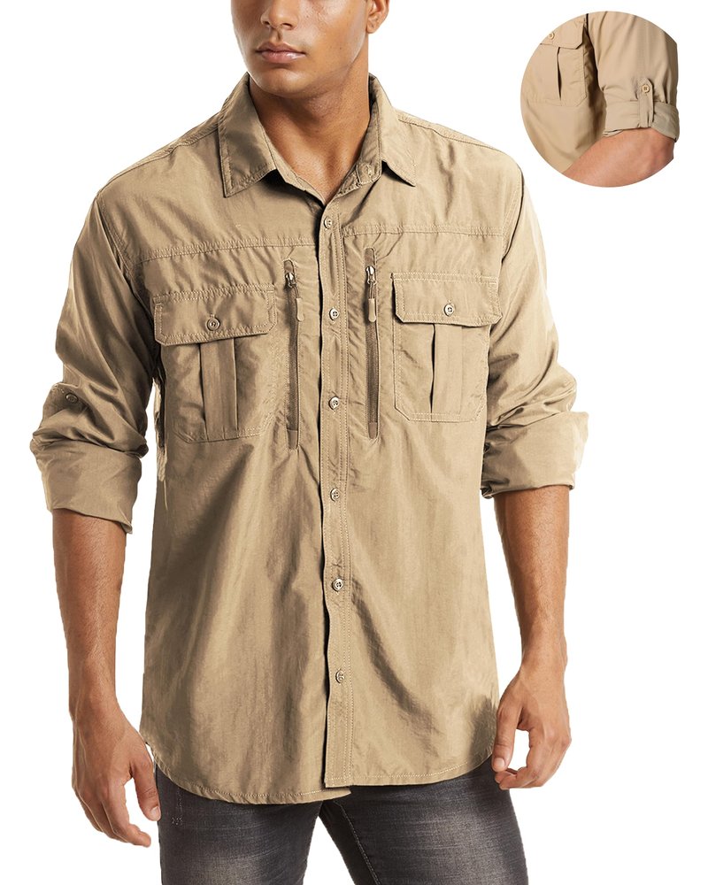 MAGCOMSEN UV Shirts for Men Long Sleeve Fishing Shirts Button Up Work Shirts for Men Hiking Shirts Quick Dry Tactical Shirts Khaki L