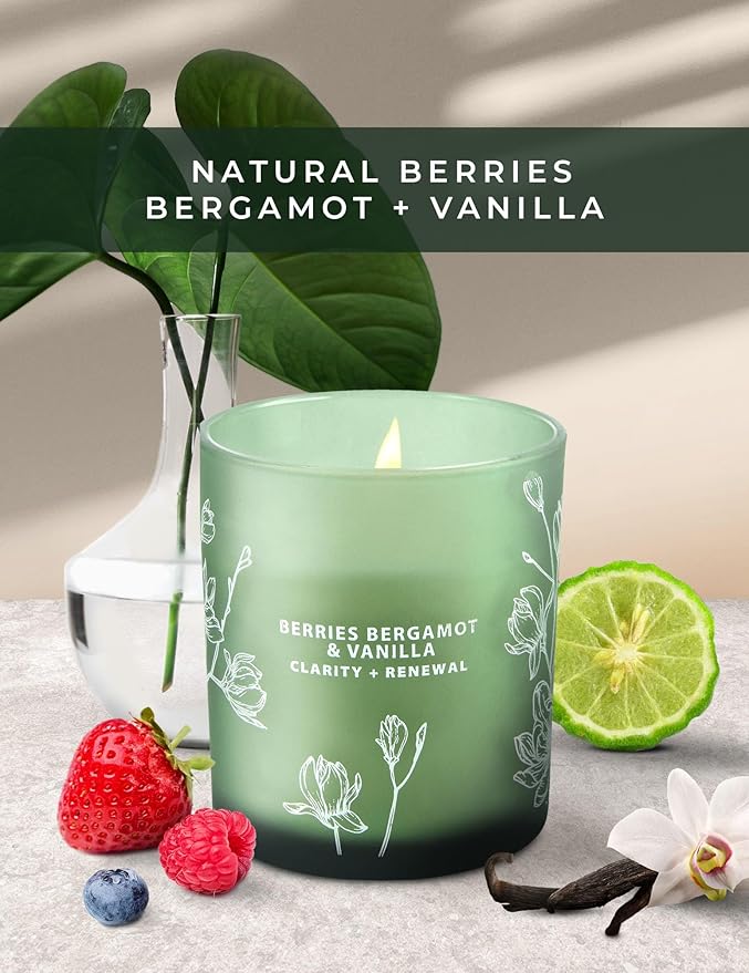 Berries Bergamot & Vanilla Scented Candle - Wood Wick Soy Candle Large 10.6 oz - Strong Throw, Long-Lasting, Clean Burn - Cozy Home Aromatherapy Candle