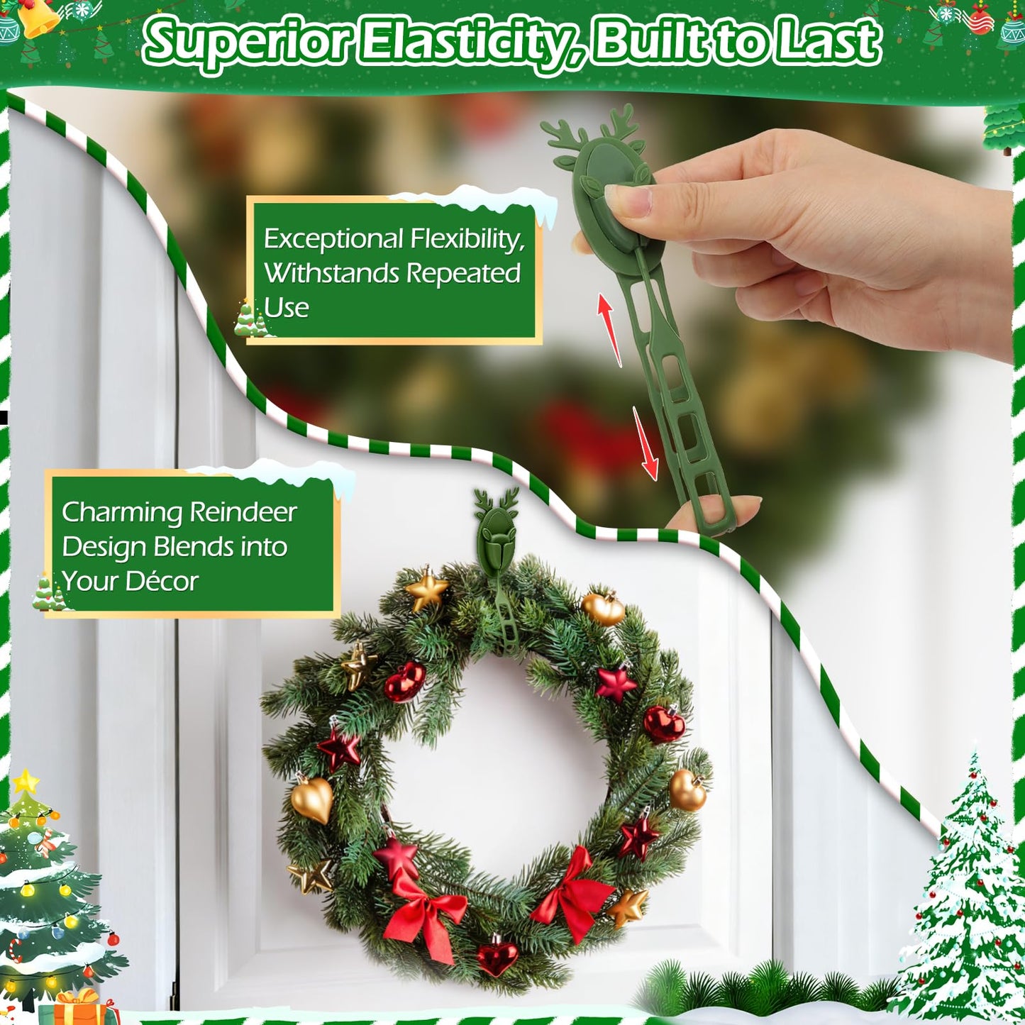 YIBOBO 18 Pcs Christmas Garland Hangers with Locking Buckle, Reindeer Design Adhesive Hooks for Stair Railing Fireplace Mantle Door, Reusable Silicone Stocking & Ornament Holders, Green (Deer, 18)