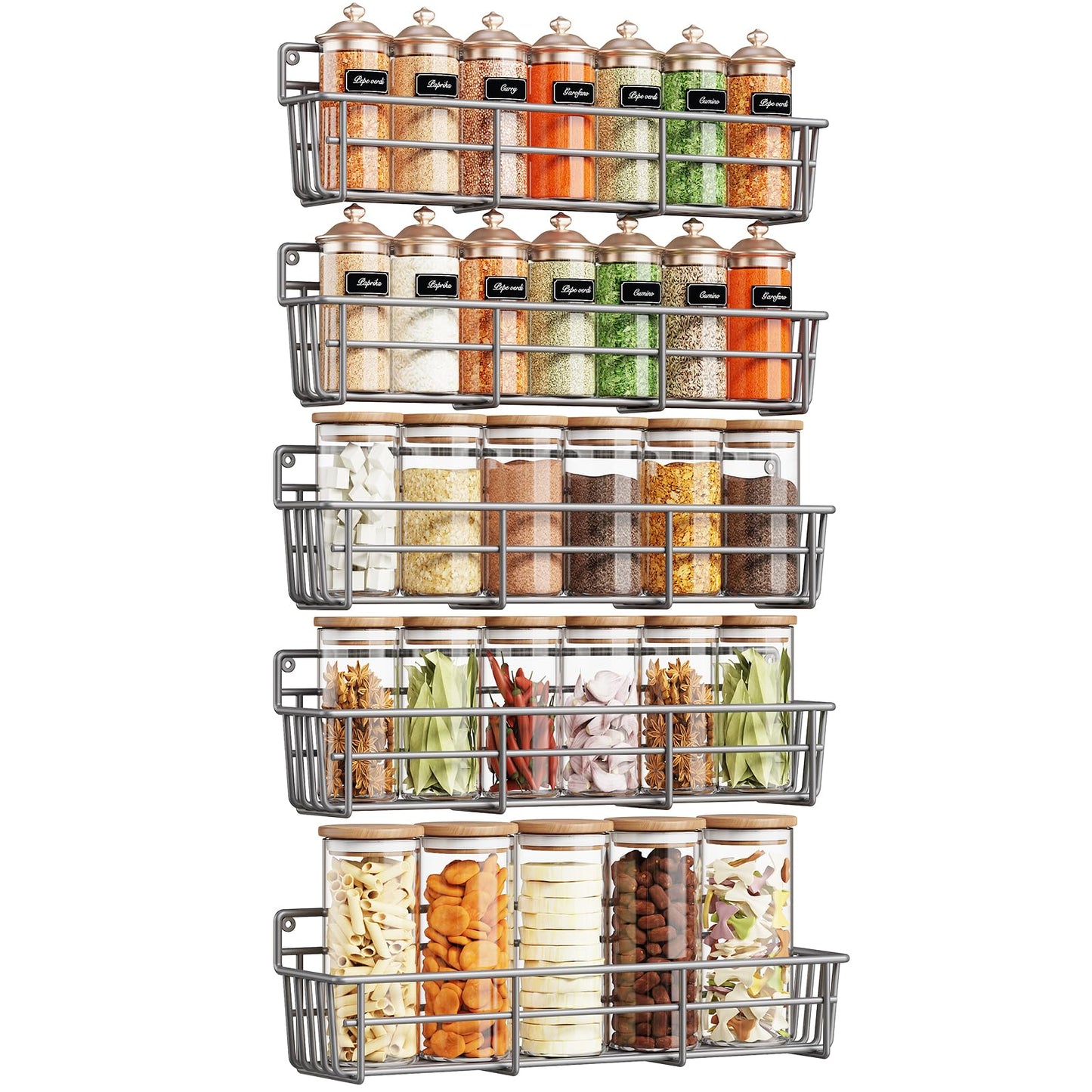 5 Pack Spice Rack Seasoning Organizer Wall Mount, Screw or Adhesive Hanging Shelf Basket Spice Organizer Shelf for Kitchen, Black